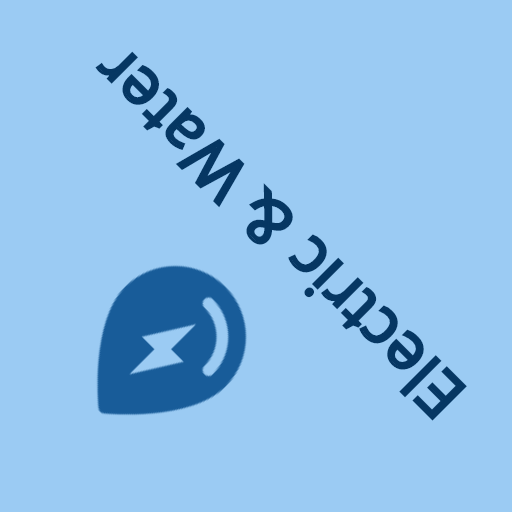 Blue icon with a lightning bolt inside a water droplet shape, positioned left of the upside-down text “Electric & Water” on a light blue background.
