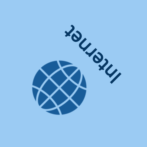 A dark blue globe icon with intersecting lines and the word “Internet” above it, both upside down, on a light blue background.