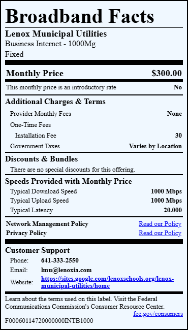 A fact sheet for Lenox Municipal Utilities’ 1000Mg business internet shows a 0 introductory monthly price,  installation fee, and details on speeds, latency, contacts, and policy links.