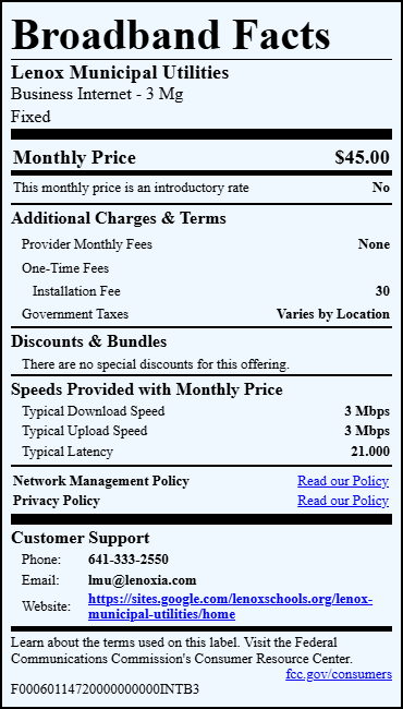 A broadband facts label for Lenox Municipal Utilities business internet lists a  monthly price, speeds of 3 Mbps down and 3 Mbps up, installation fee of , and customer support contact information.
