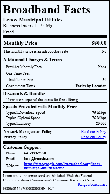 A flyer detailing Lenox Municipal Utilities’  monthly internet plan at 75 Mbps, listing fees, terms, and contact info, with links to network and privacy policies.