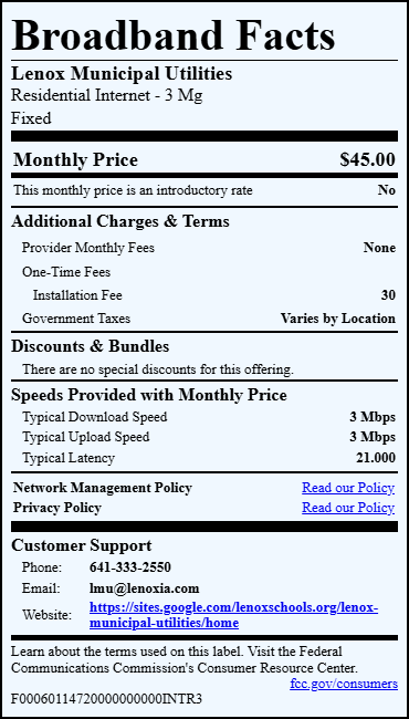 A fact sheet for Lenox Municipal Utilities’ broadband, listing a  monthly fee, terms, speeds (3 Mbps down/1 Mbps up), latency, fee breakdowns, customer support info, and links to policies.