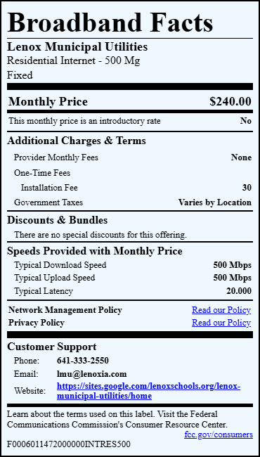 A factsheet for Lenox Municipal Utilities’ 500 Mbps residential internet service shows a 0 intro price,  installation fee, no monthly fees, and government taxes vary; speed details and customer support info included.
